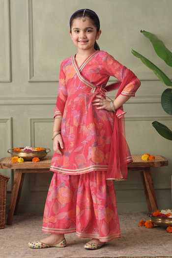 Buy Petite Pomme Pink Cotton, Polyester, Net Printed Kurta Set Online at Aza Fashions Buy_Petite Pomme_Pink Cotton, Polyester, Net Printed Kurta Set _Online_at_Aza_Fashions