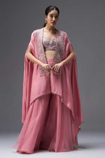 Aaroh By Dolly Rose Mirage Embroidered Cape Sharara Set 