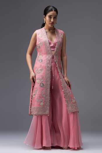 Aaroh By Dolly Rose Mirage Raw Silk Long Jacket & Sharara Set 