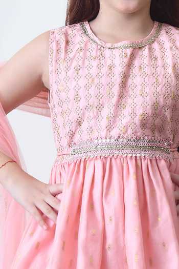 Petite Pomme Pink Cotton, Net Embellished Kurta Set Online at Aza Fashions Petite Pomme_Pink Cotton, Net Embellished Kurta Set _Online_at_Aza_Fashions