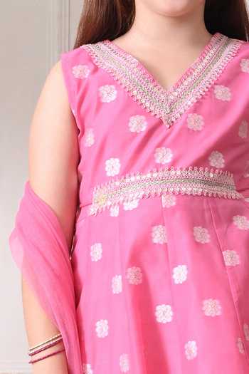 Petite Pomme Pink Cotton, Net Floral Woven Kurta Set Online at Aza Fashions Petite Pomme_Pink Cotton, Net Floral Woven Kurta Set _Online_at_Aza_Fashions