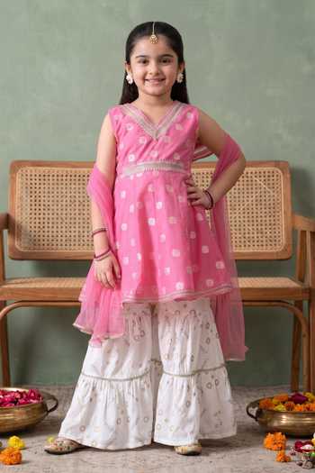 Buy Petite Pomme Pink Cotton, Net Floral Woven Kurta Set Online at Aza Fashions Buy_Petite Pomme_Pink Cotton, Net Floral Woven Kurta Set _Online_at_Aza_Fashions