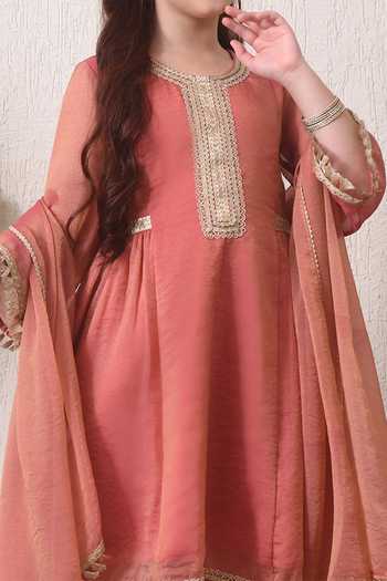 Petite Pomme Orange Rayon, Net Placement Embroidered Kurta Set Online at Aza Fashions Petite Pomme_Orange Rayon, Net Placement Embroidered Kurta Set _Online_at_Aza_Fashions