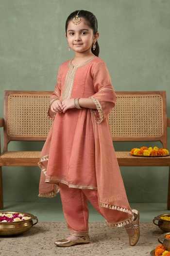 Buy Petite Pomme Orange Rayon, Net Placement Embroidered Kurta Set Online at Aza Fashions Buy_Petite Pomme_Orange Rayon, Net Placement Embroidered Kurta Set _Online_at_Aza_Fashions