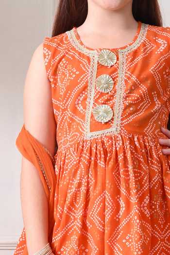 Petite Pomme Orange Cotton, Net Bandhani Print Kurta Gharara Set Online at Aza Fashions Petite Pomme_Orange Cotton, Net Bandhani Print Kurta Gharara Set _Online_at_Aza_Fashions