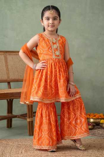 Buy Petite Pomme Orange Cotton, Net Bandhani Print Kurta Gharara Set Online at Aza Fashions Buy_Petite Pomme_Orange Cotton, Net Bandhani Print Kurta Gharara Set _Online_at_Aza_Fashions