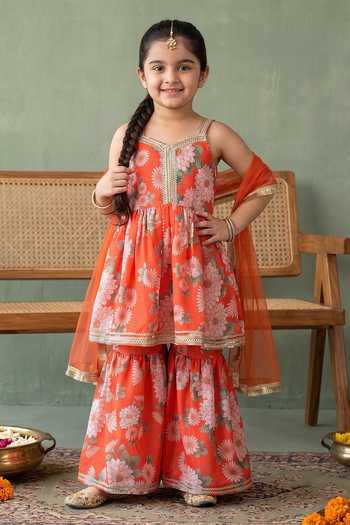 Petite Pomme Orange Cotton, Net, Polyester Floral Print Kurta Set Online at Aza Fashions Petite Pomme_Orange Cotton, Net, Polyester Floral Print Kurta Set _Online_at_Aza_Fashions