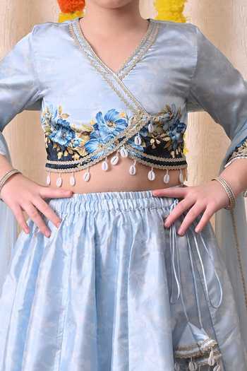 Petite Pomme_Sky Blue Cotton, Net, Polyester Floral Border Print Lehenga Set _Online_at_Aza_Fashions