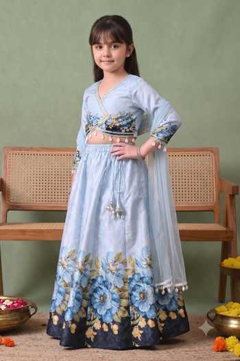Buy_Petite Pomme_Sky Blue Cotton, Net, Polyester Floral Border Print Lehenga Set _Online_at_Aza_Fashions