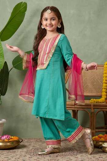 Buy Petite Pomme Green Cotton, Polyester, Net Embroidered Kurta Set Online at Aza Fashions Buy_Petite Pomme_Green Cotton, Polyester, Net Embroidered Kurta Set _Online_at_Aza_Fashions
