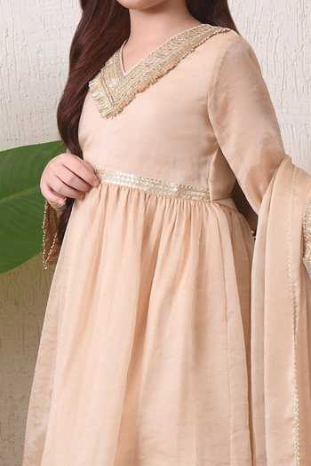 Petite Pomme Beige Cotton, Polyester, Net Sequins Neckline Embroidered Kurta Set Online at Aza Fashions Petite Pomme_Beige Cotton, Polyester, Net Sequins Neckline Embroidered Kurta Set _Online_at_Aza_Fashions