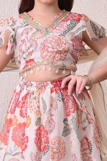 Petite Pomme_Multi Color Cotton, Net, Polyester Floral Print Lehenga Set _Online_at_Aza_Fashions