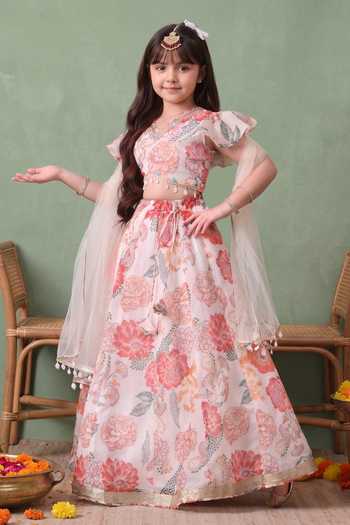 Buy_Petite Pomme_Multi Color Cotton, Net, Polyester Floral Print Lehenga Set _Online_at_Aza_Fashions