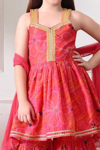 Petite Pomme_Pink Cotton, Net, Polyester Printed Kurta Set _Online_at_Aza_Fashions