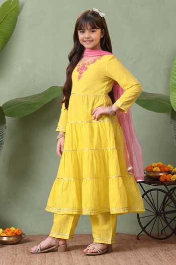 Buy Petite Pomme Yellow Cotton, Net Neckline Embroidered Tiered Anarkali Set Online at Aza Fashions Buy_Petite Pomme_Yellow Cotton, Net Neckline Embroidered Tiered Anarkali Set _Online_at_Aza_Fashions