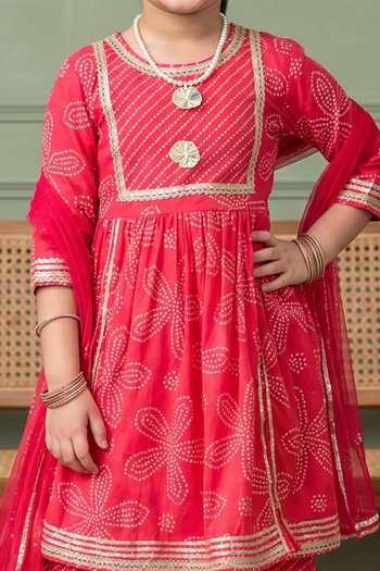 Petite Pomme_Pink Cotton, Net Gota Patti Bandhani Print Kurta Set _Online_at_Aza_Fashions