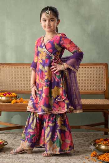 Buy Petite Pomme Blue Cotton, Net, Polyester Floral Print Kurta Gharara Set Online at Aza Fashions Buy_Petite Pomme_Blue Cotton, Net, Polyester Floral Print Kurta Gharara Set _Online_at_Aza_Fashions
