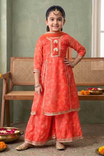 Buy Petite Pomme Orange Cotton, Polyester, Net Printed Kurta Set Online at Aza Fashions Buy_Petite Pomme_Orange Cotton, Polyester, Net Printed Kurta Set _Online_at_Aza_Fashions