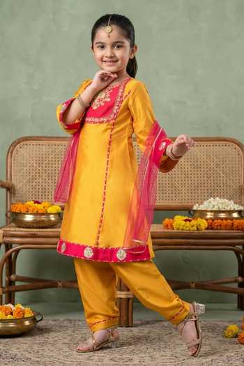 Buy Petite Pomme Yellow Cotton, Polyester, Net Embroidered Kurta Set Online at Aza Fashions Buy_Petite Pomme_Yellow Cotton, Polyester, Net Embroidered Kurta Set _Online_at_Aza_Fashions