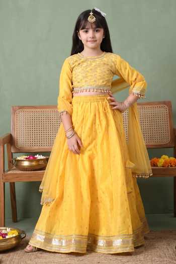 Buy_Petite Pomme_Yellow Cotton, Net, Polyester Metallic Border Embroidered Lehenga Set _Online_at_Aza_Fashions