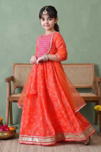 Buy_Petite Pomme_Orange Cotton, Polyester, Net Printed Lehenga Blouse Set _Online_at_Aza_Fashions