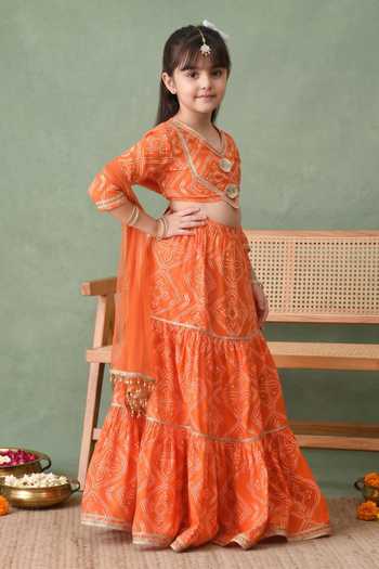 Buy Petite Pomme Orange Rayon, Net Bandhani Print Lehenga Set Online at Aza Fashions Buy_Petite Pomme_Orange Rayon, Net Bandhani Print Lehenga Set _Online_at_Aza_Fashions