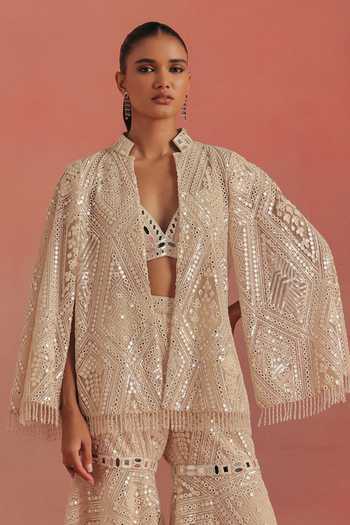 Shop Twenty Nine Ivory Net Mandarin Collar Cape Sleeves Mirror Work Jacket Shop_Twenty Nine_Ivory Net Mandarin Collar Cape Sleeves Mirror Work Jacket