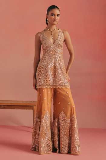 Buy Twenty Nine Orange Net Plunge Neck Embroidered Backless Peplum Tunic Buy_Twenty Nine_Orange Net Plunge Neck Embroidered Backless Peplum Tunic