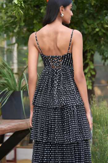 Dash And Dot_Black Polyester Sweetheart Neck Pleated Polka Dot Tiered Maxi Dress _Online_at_Aza_Fashions