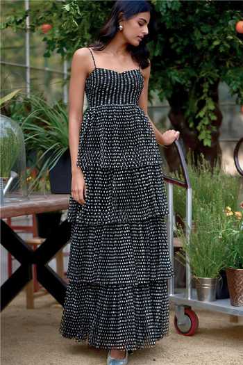 Shop_Dash And Dot_Black Polyester Sweetheart Neck Pleated Polka Dot Tiered Maxi Dress _Online_at_Aza_Fashions