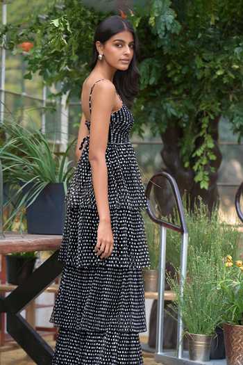 Dash And Dot_Black Polyester Sweetheart Neck Pleated Polka Dot Tiered Maxi Dress _at_Aza_Fashions