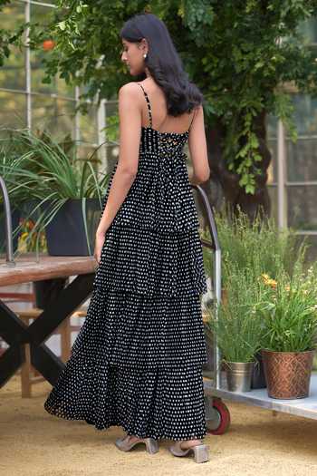 Dash And Dot Pleated Polka Dot Tiered Maxi Dress