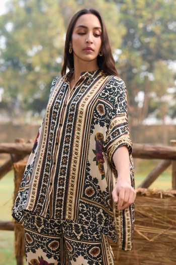Dash And Dot Multi Color Viscose Mandarin Collar Baroque Print Boxy Shirt And Pant Set Online at Aza Fashions Dash And Dot_Multi Color Viscose Mandarin Collar Baroque Print Boxy Shirt And Pant Set _Online_at_Aza_Fashions