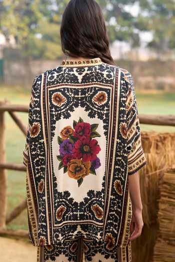 Shop Dash And Dot Multi Color Viscose Mandarin Collar Baroque Print Boxy Shirt And Pant Set at Aza Fashions Shop_Dash And Dot_Multi Color Viscose Mandarin Collar Baroque Print Boxy Shirt And Pant Set _at_Aza_Fashions