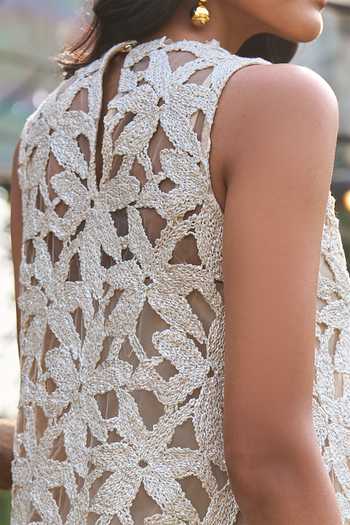 Dash And Dot_Ivory Polyester Round Neck Scalloped Floral Lace Dress _Online_at_Aza_Fashions