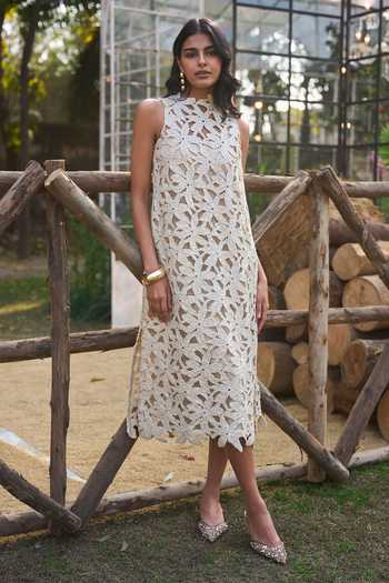 Shop_Dash And Dot_Ivory Polyester Round Neck Scalloped Floral Lace Dress _Online_at_Aza_Fashions