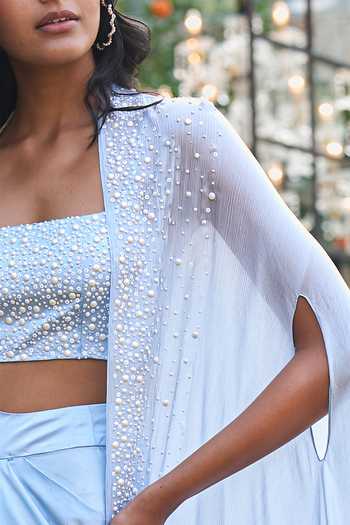 Dash And Dot_Blue Viscose, Polyester Degrade Pearl Embellished Cape _Online_at_Aza_Fashions