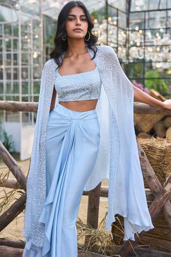 Buy_Dash And Dot_Blue Viscose, Polyester Degrade Pearl Embellished Cape _Online_at_Aza_Fashions