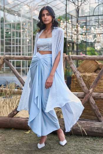 Shop_Dash And Dot_Blue Viscose, Polyester Degrade Pearl Embellished Cape _Online_at_Aza_Fashions