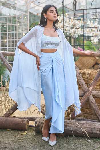 Dash And Dot_Blue Viscose, Polyester Degrade Pearl Embellished Cape _at_Aza_Fashions