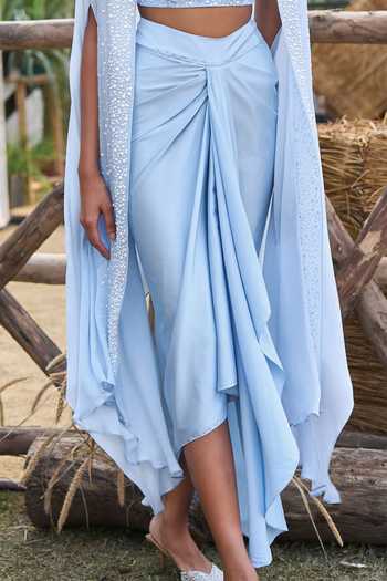 Dash And Dot_Blue Viscose Sequins, Pearls Bandeau Degrade Embellished Bralette And Skirt Set _Online_at_Aza_Fashions