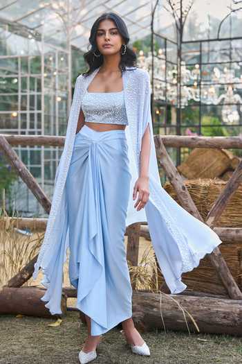 Shop_Dash And Dot_Blue Viscose Sequins, Pearls Bandeau Degrade Embellished Bralette And Skirt Set _Online_at_Aza_Fashions