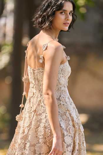 Dash And Dot_Beige Polyester Sweetheart Neck Floral Applique Lace Dress _Online_at_Aza_Fashions