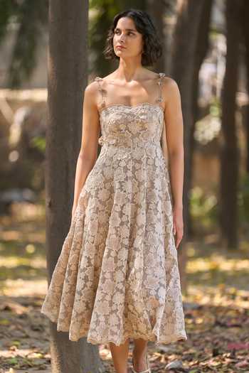 Shop_Dash And Dot_Beige Polyester Sweetheart Neck Floral Applique Lace Dress _Online_at_Aza_Fashions