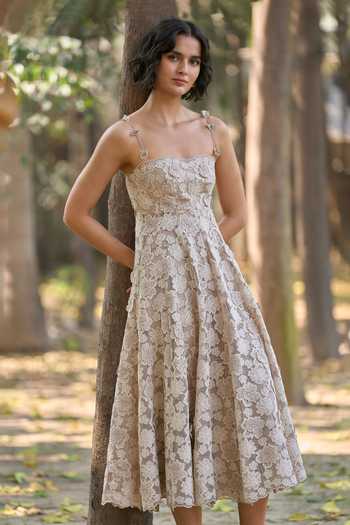 Dash And Dot_Beige Polyester Sweetheart Neck Floral Applique Lace Dress _at_Aza_Fashions