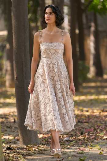 Buy_Dash And Dot_Beige Polyester Sweetheart Neck Floral Applique Lace Dress 