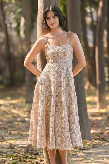 Shop_Dash And Dot_Beige Polyester Sweetheart Neck Floral Applique Lace Dress 
