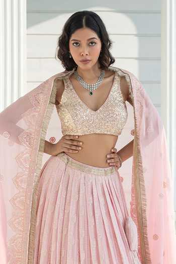 Monk & Mei By Sonia Anand Pink Organza, Georgette, Viscose, Shantoon Aurelia Embroidered Lehenga Set Online at Aza Fashions Monk & Mei By Sonia Anand_Pink Organza, Georgette, Viscose, Shantoon Aurelia Embroidered Lehenga Set _Online_at_Aza_Fashions