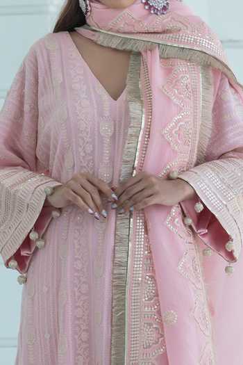 Monk & Mei By Sonia Anand Pink Organza, Georgette, Shantoon V-neck, Yes Melody Embroidered Kurta Set Online at Aza Fashions Monk & Mei By Sonia Anand_Pink Organza, Georgette, Shantoon V-neck, Yes Melody Embroidered Kurta Set _Online_at_Aza_Fashions