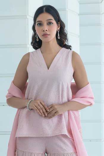 Buy Monk & Mei By Sonia Anand Pink Cotton, Organza, Georgette, Shantoon V-neck Stella Embroidered Kurta Set Online at Aza Fashions Buy_Monk & Mei By Sonia Anand_Pink Cotton, Organza, Georgette, Shantoon V-neck Stella Embroidered Kurta Set _Online_at_Aza_Fashions